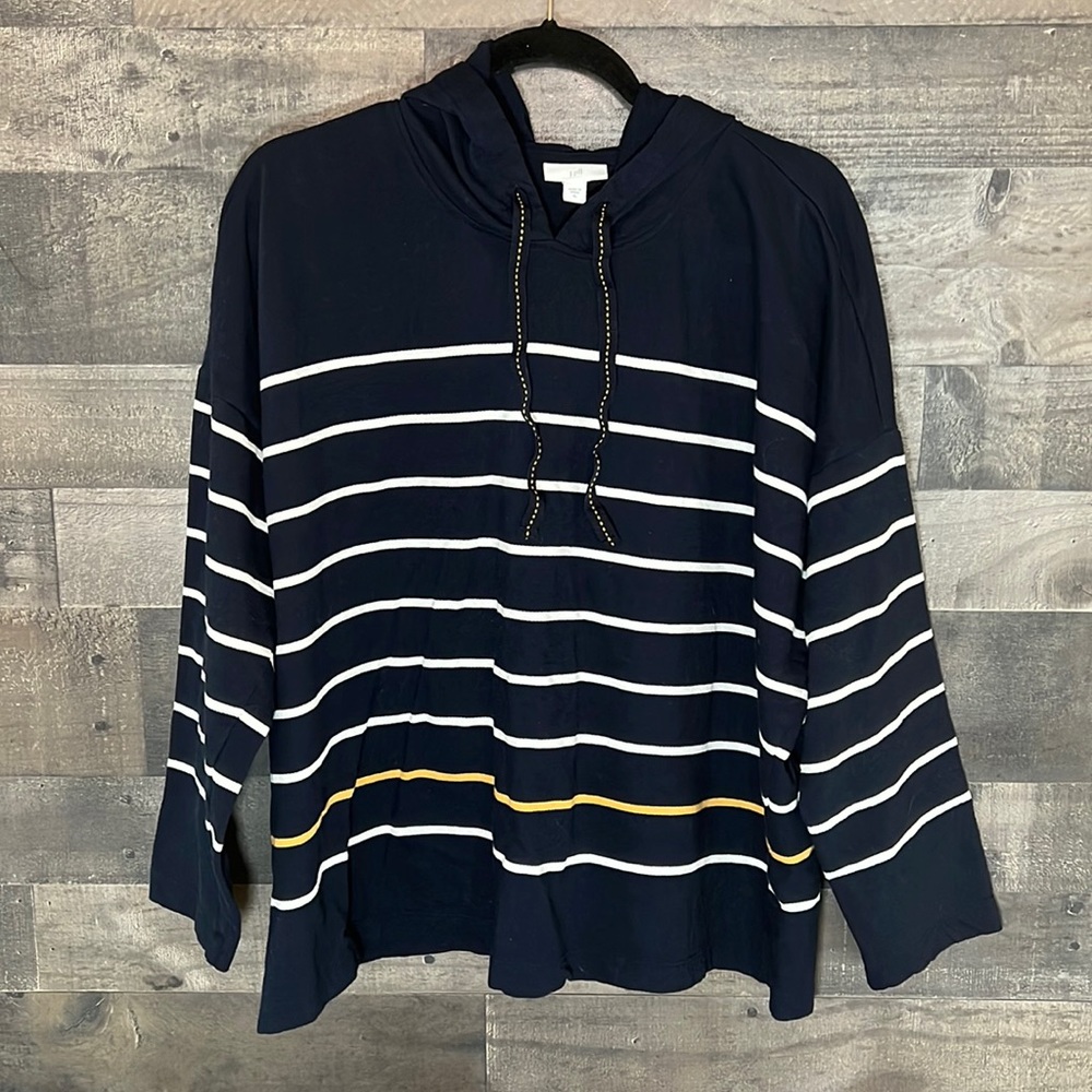 Navy Blue and White Striped J. Jill Hooded Long Sleeve Shirt